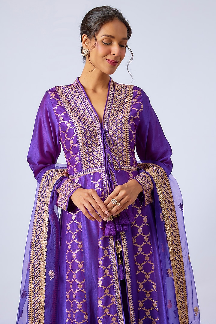 Purple Tussar Silk & Brocade Marodi Embroidered Wedding Anarkali Set by GOPI VAID at Pernia's Pop Up Shop