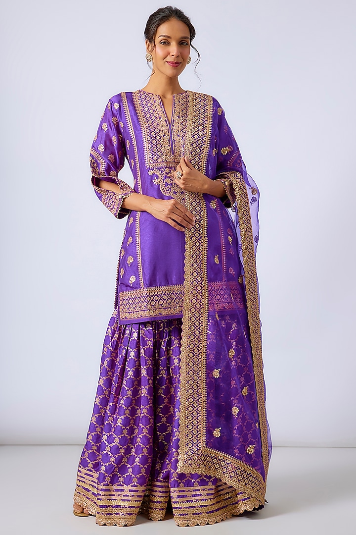 Purple Handwoven Silk Brocade Gharara Set by GOPI VAID at Pernia's Pop Up Shop