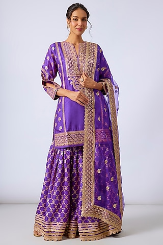 Purple Handwoven Silk Brocade Gharara Set by GOPI VAID