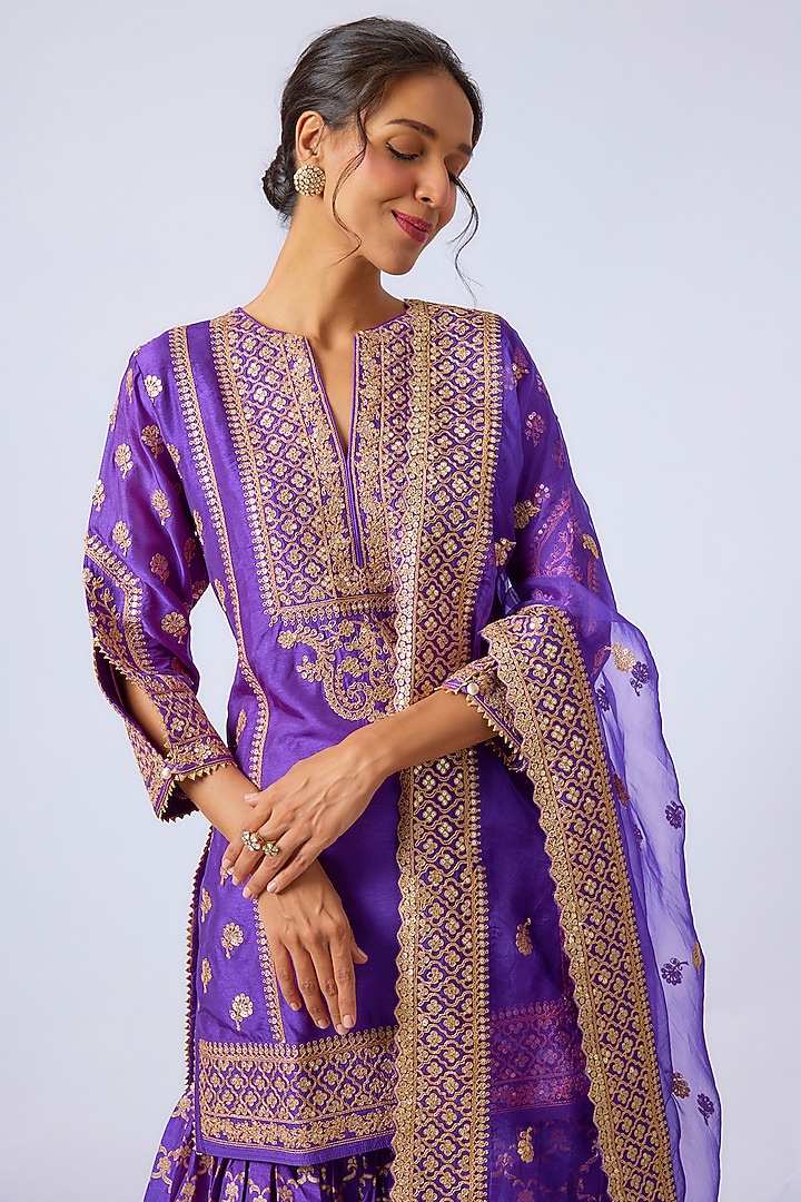 Purple Handwoven Silk Brocade Gharara Set by GOPI VAID at Pernia's Pop Up Shop
