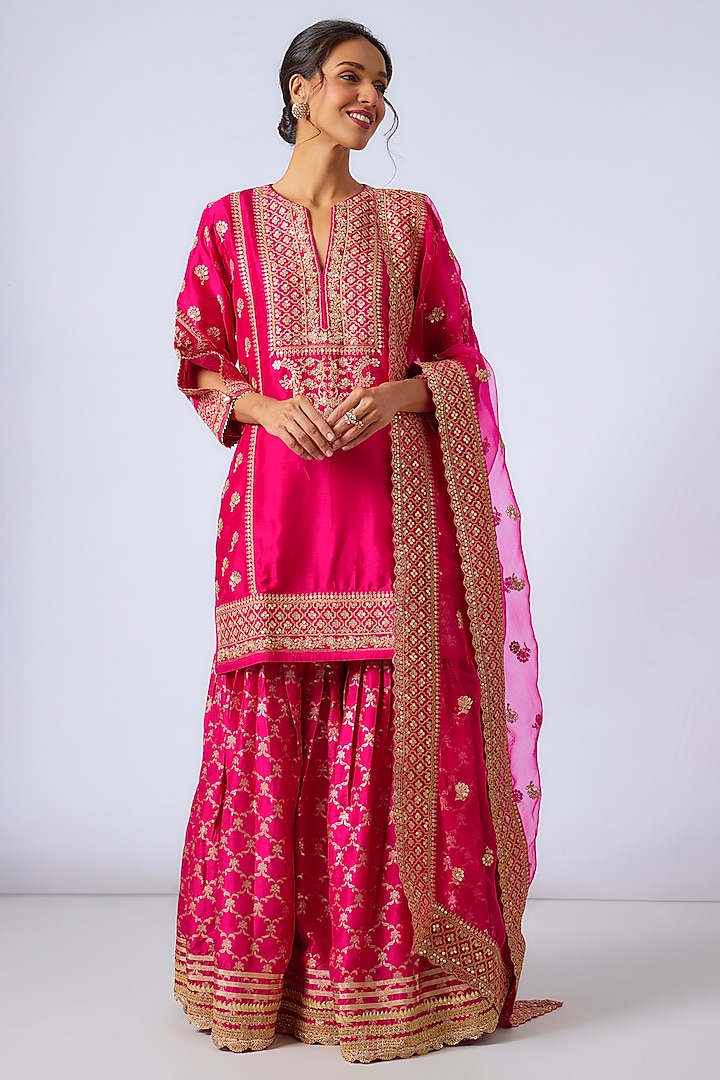 Pink Handwoven Silk Brocade Gharara Set by GOPI VAID at Pernia's Pop Up Shop