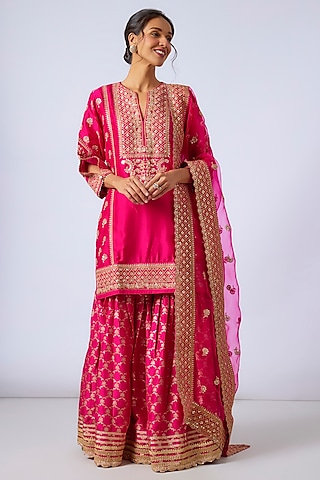 Pink Handwoven Silk Brocade Gharara Set by GOPI VAID