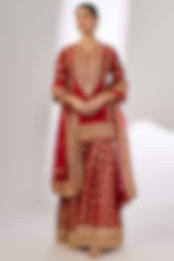 Red Handwoven Silk Brocade Gota Work Flared Gharara Se by GOPI VAID at Pernia's Pop Up Shop