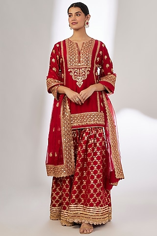 Red Handwoven Silk Brocade Gota Work Flared Gharara Se by GOPI VAID