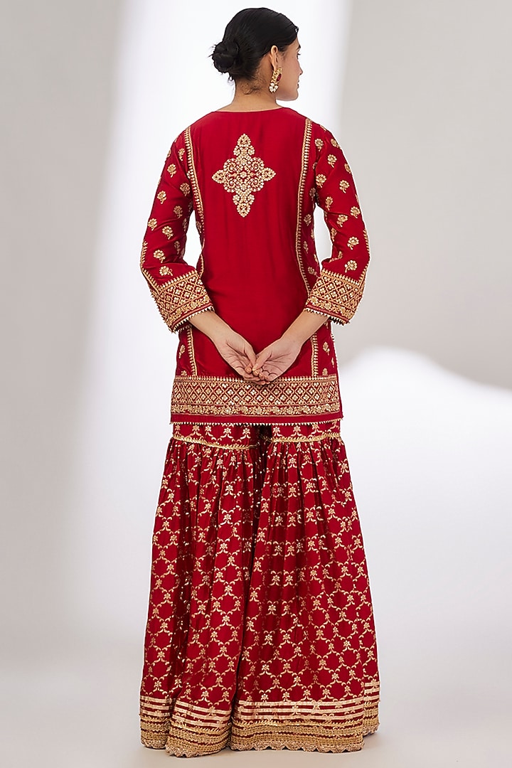 Red Handwoven Silk Brocade Gota Work Flared Gharara Se by GOPI VAID at Pernia's Pop Up Shop