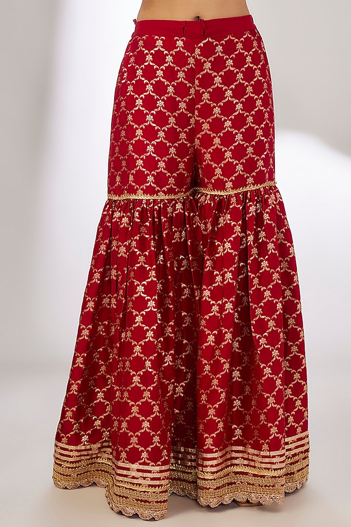 Red Handwoven Silk Brocade Gota Work Flared Gharara Se by GOPI VAID at Pernia's Pop Up Shop