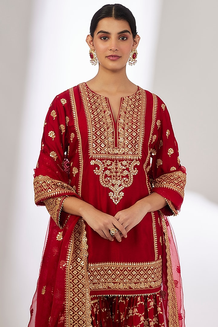 Red Handwoven Silk Brocade Gota Work Flared Gharara Se by GOPI VAID at Pernia's Pop Up Shop