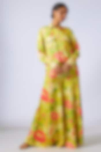 Yellow Satin Floral Printed Co-Ord Set by GOPI VAID at Pernia's Pop Up Shop