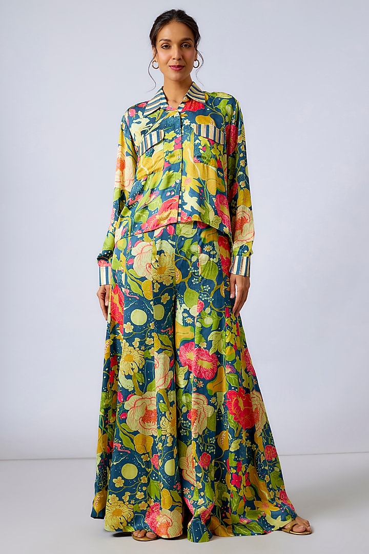 Blue Satin Floral Printed Co-Ord Set by GOPI VAID at Pernia's Pop Up Shop