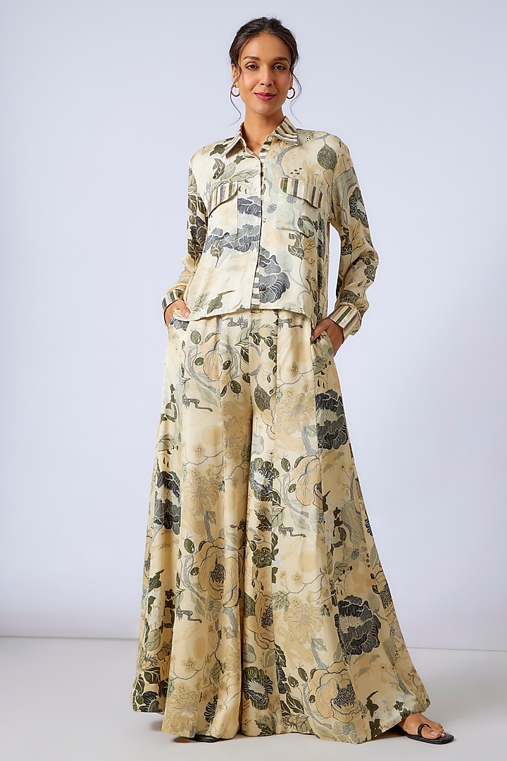 Ivory Satin Floral Printed Co-Ord Set by GOPI VAID at Pernia's Pop Up Shop