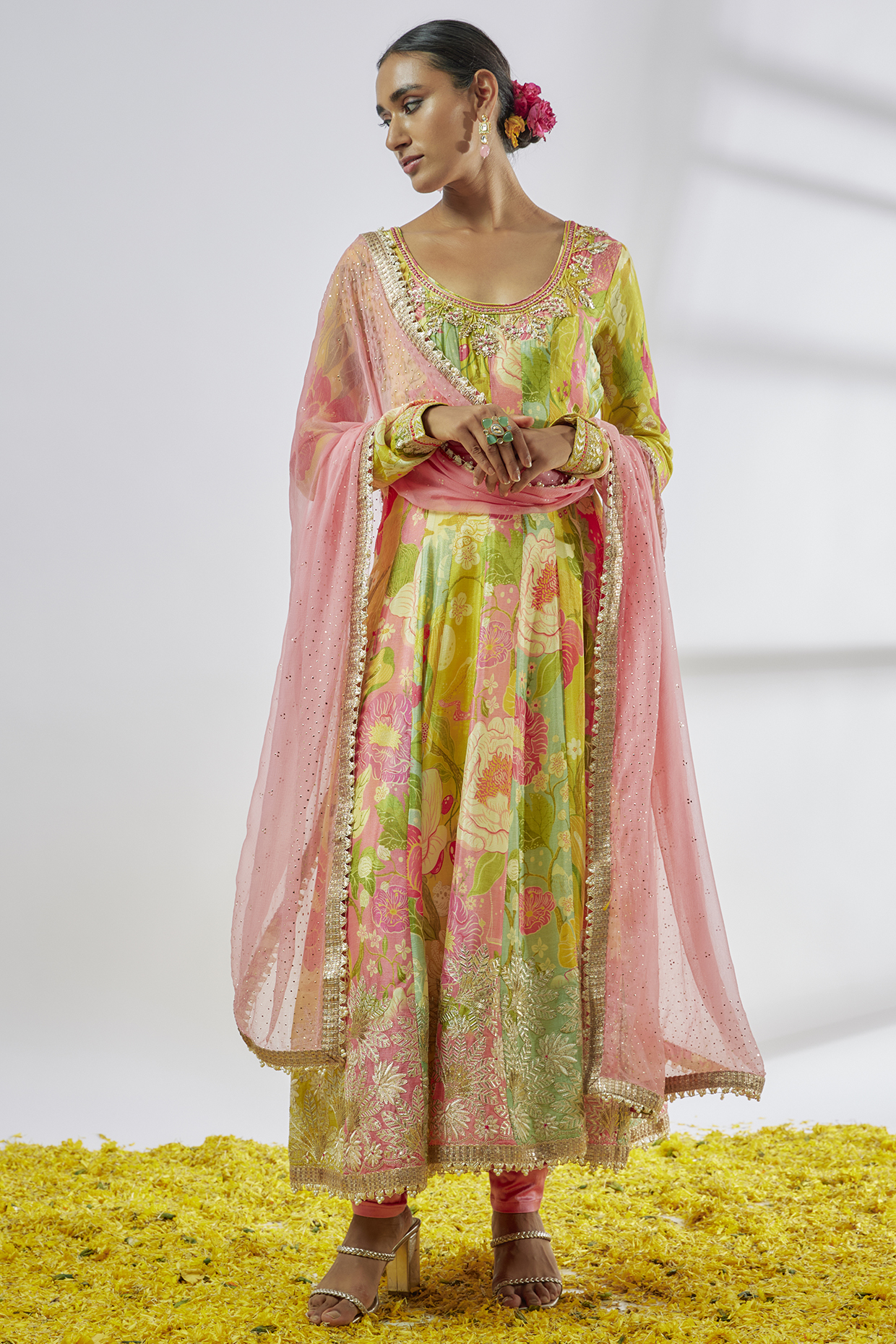 Multi-Colored Chiffon Floral Printed Wedding Anarkali Set by GOPI VAID at Pernia's Pop Up Shop