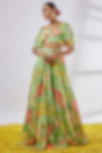 Mint Green Organza Floral Printed Wedding Lehenga Set by GOPI VAID at Pernia's Pop Up Shop