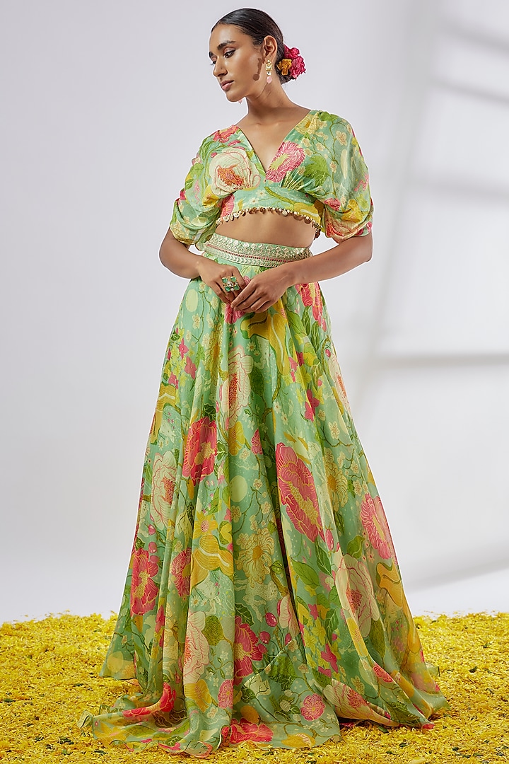 Mint Green Organza Floral Printed Wedding Lehenga Set by GOPI VAID at Pernia's Pop Up Shop
