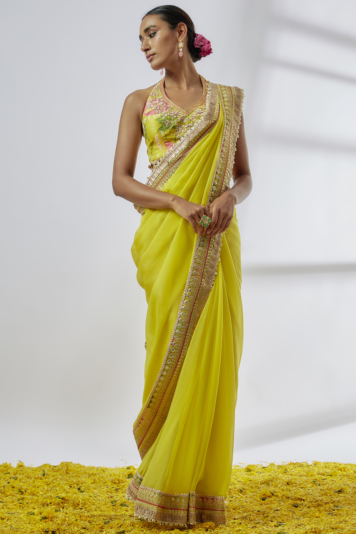 Yellow Chiffon Draped Wedding Saree Set by GOPI VAID at Pernia's Pop Up Shop