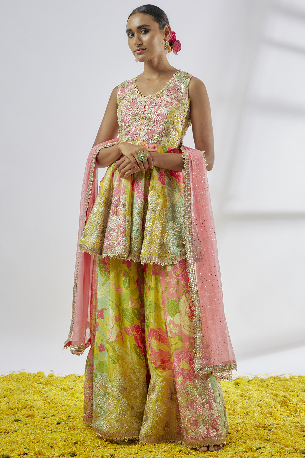 Multi-Colored Chiffon Embroidered Wedding Sharara Set by GOPI VAID at Pernia's Pop Up Shop