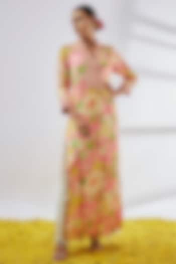 Pink Satin Floral Printed Tunic Set by GOPI VAID at Pernia's Pop Up Shop