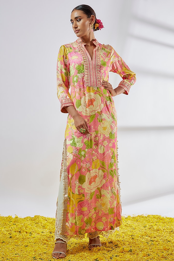 Pink Satin Floral Printed Tunic Set by GOPI VAID at Pernia's Pop Up Shop