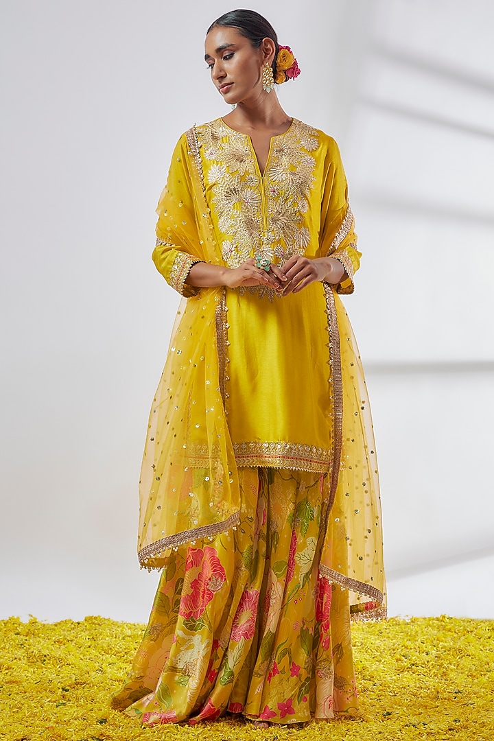 Yellow Satin Floral Wedding Sharara Set by GOPI VAID at Pernia's Pop Up Shop