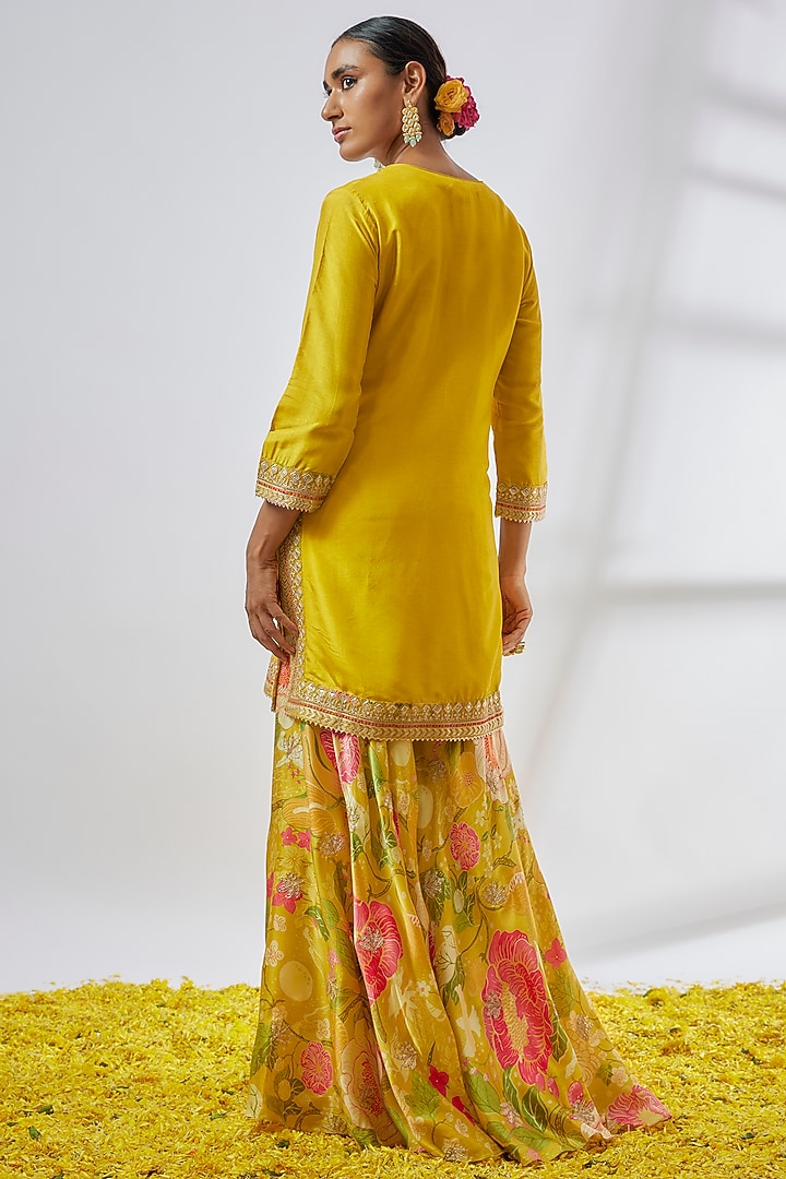 Yellow Satin Floral Wedding Sharara Set by GOPI VAID at Pernia's Pop Up Shop