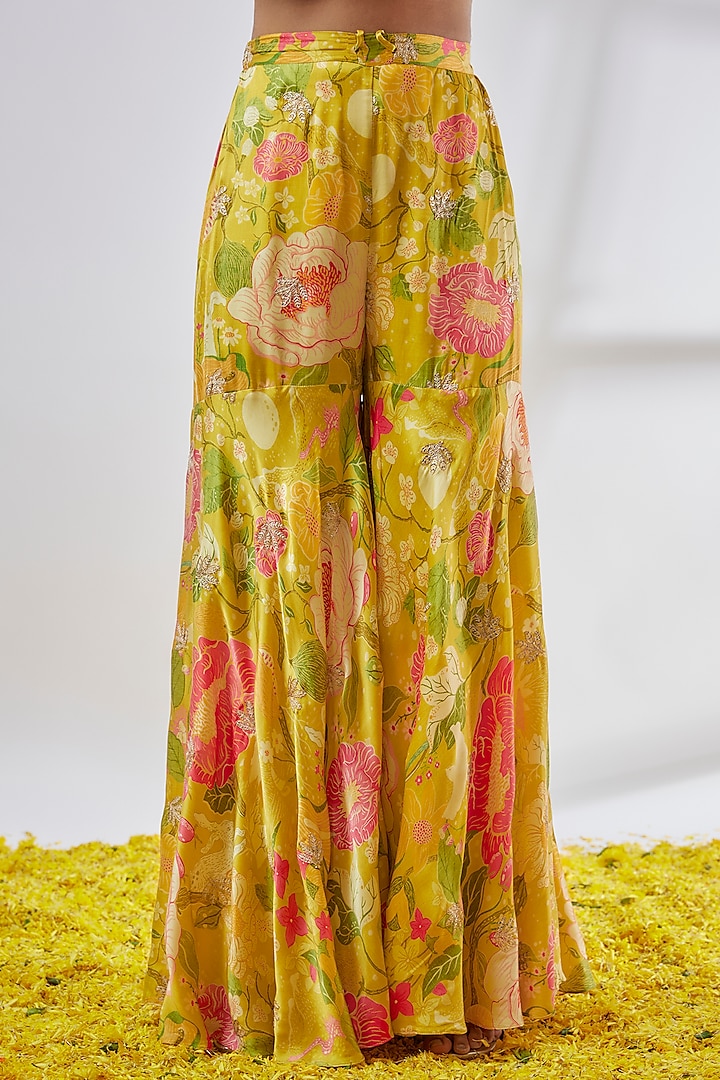 Yellow Satin Floral Wedding Sharara Set by GOPI VAID at Pernia's Pop Up Shop