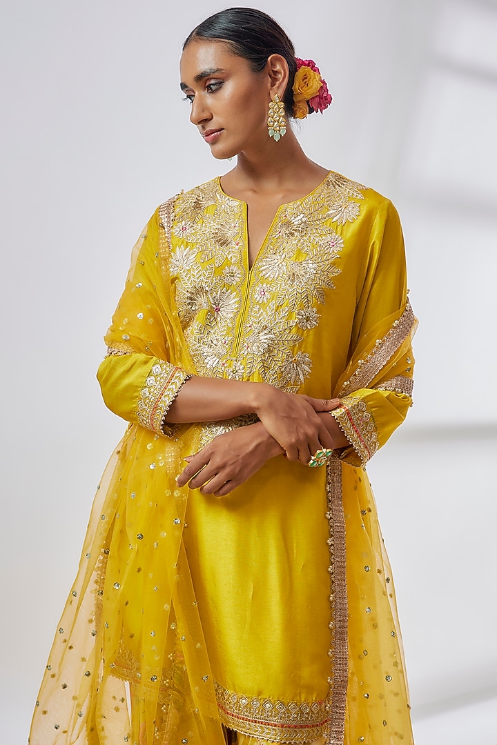 Yellow Satin Floral Wedding Sharara Set by GOPI VAID at Pernia's Pop Up Shop
