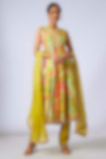 Multi-Colored Tussar Floral Printed Anarkali Set by GOPI VAID at Pernia's Pop Up Shop