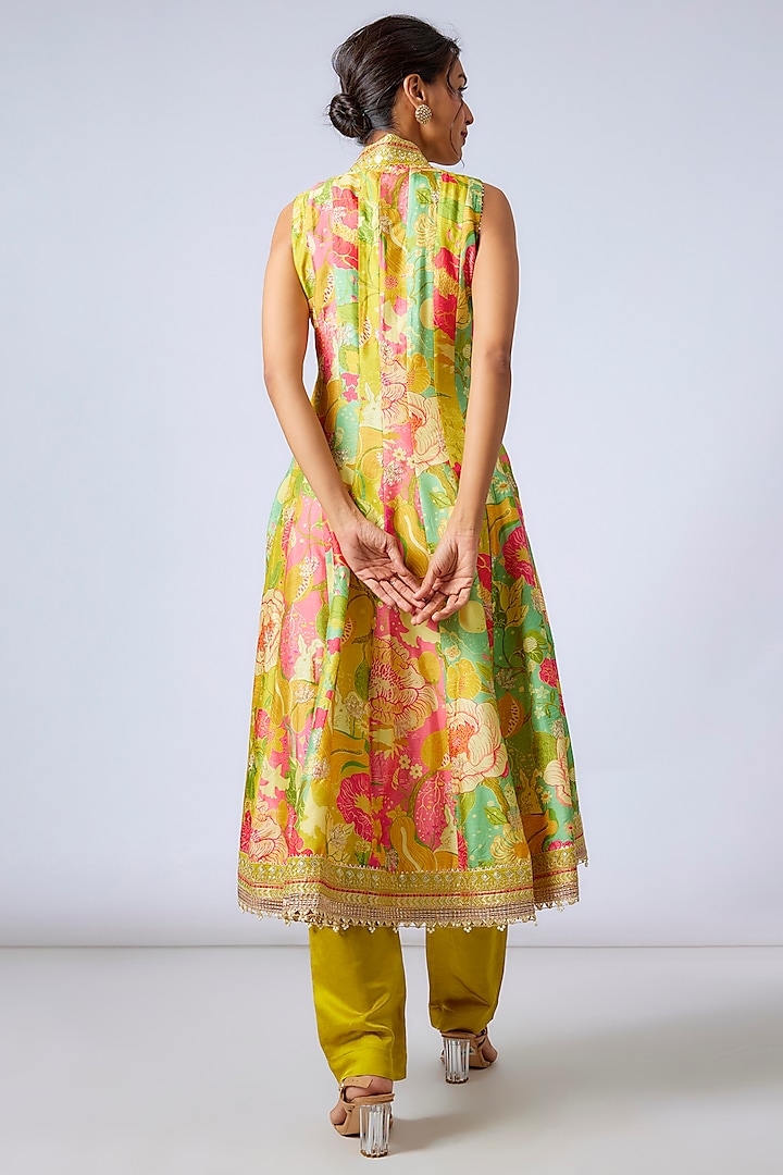 Multi-Colored Tussar Floral Printed Wedding Anarkali Set by GOPI VAID at Pernia's Pop Up Shop