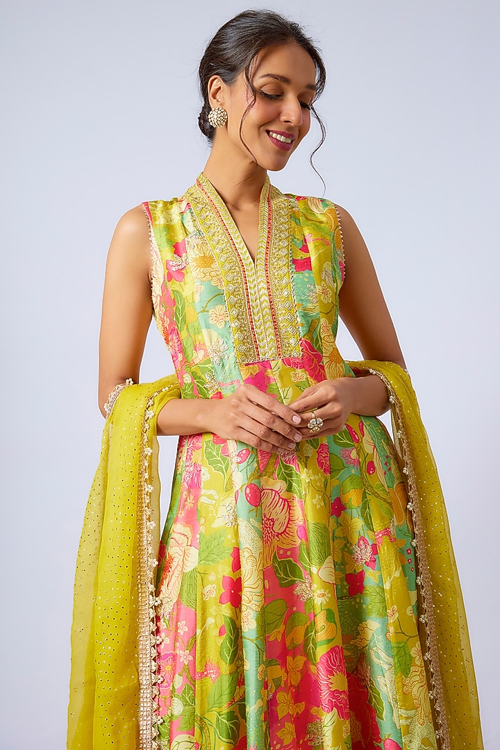 Multi-Colored Tussar Floral Printed Wedding Anarkali Set by GOPI VAID at Pernia's Pop Up Shop