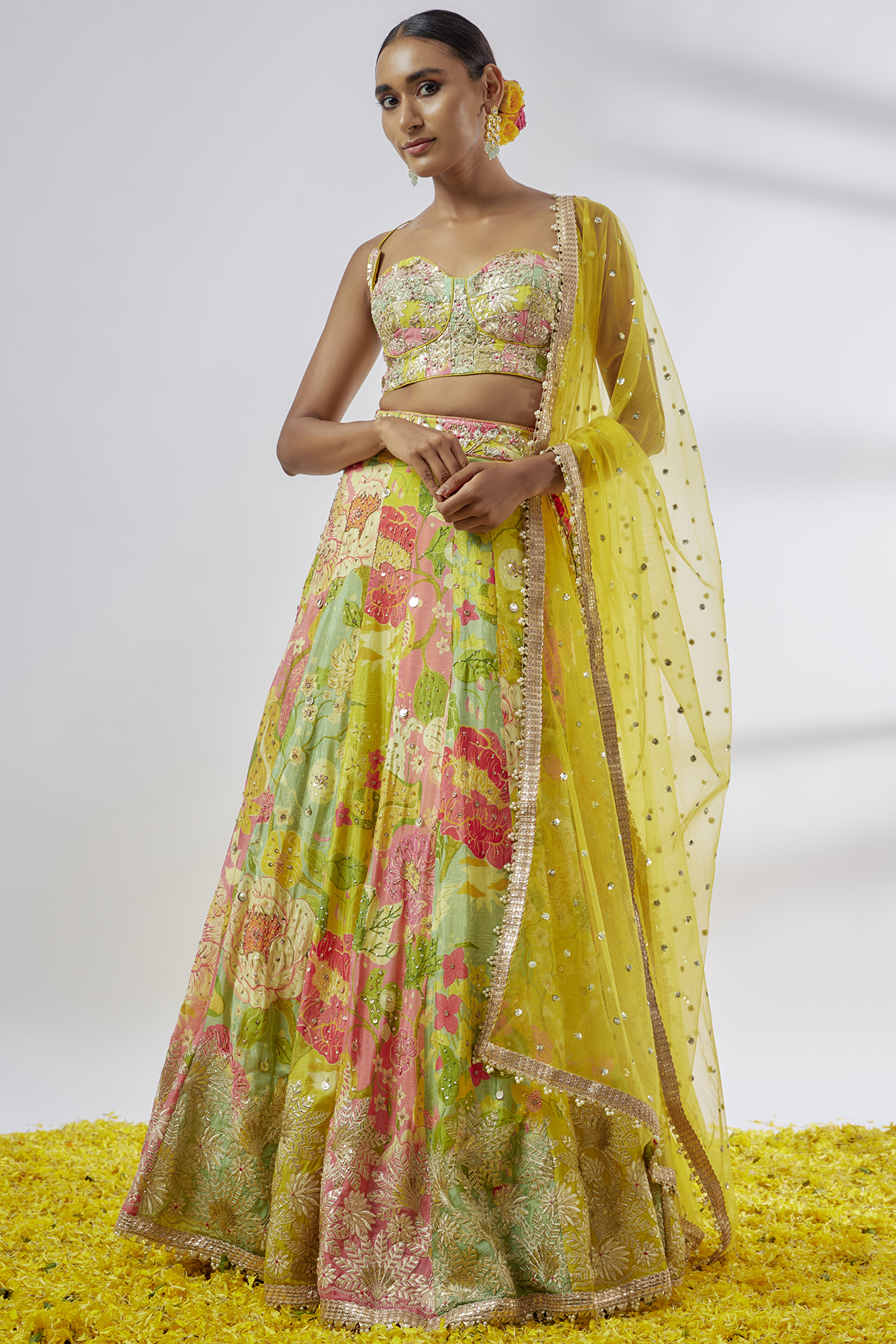 Yellow & Multi-Colored Chiffon Printed Wedding Lehenga Set by GOPI VAID at Pernia's Pop Up Shop