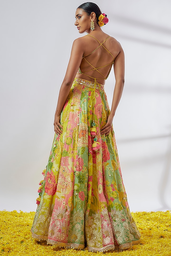 Yellow & Multi-Colored Chiffon Printed Wedding Lehenga Set by GOPI VAID at Pernia's Pop Up Shop