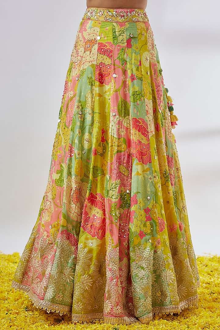 Yellow & Multi-Colored Chiffon Printed Wedding Lehenga Set by GOPI VAID at Pernia's Pop Up Shop