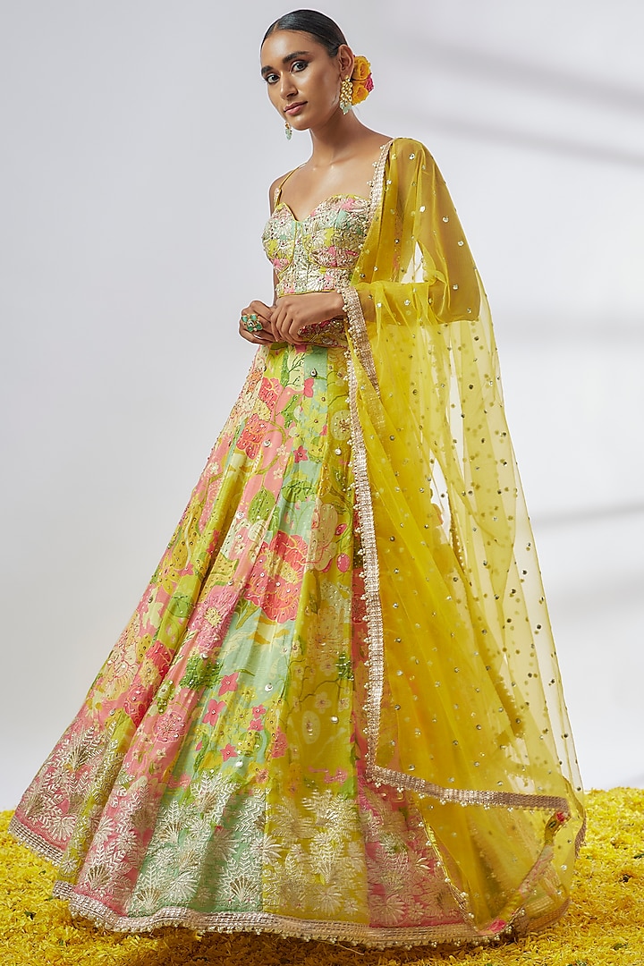 Yellow & Multi-Colored Chiffon Printed Wedding Lehenga Set by GOPI VAID at Pernia's Pop Up Shop