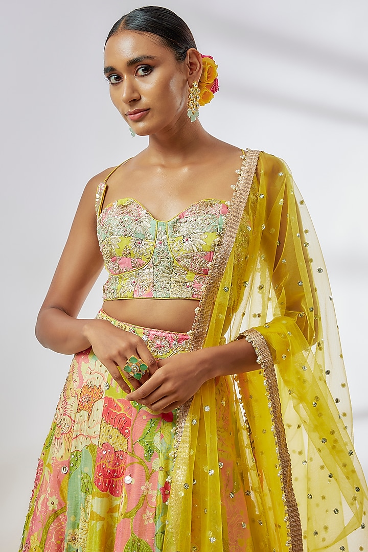 Yellow & Multi-Colored Chiffon Printed Wedding Lehenga Set by GOPI VAID at Pernia's Pop Up Shop