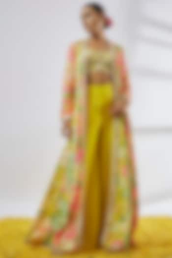 Yellow Tussar Floral Printed Cape Set by GOPI VAID at Pernia's Pop Up Shop