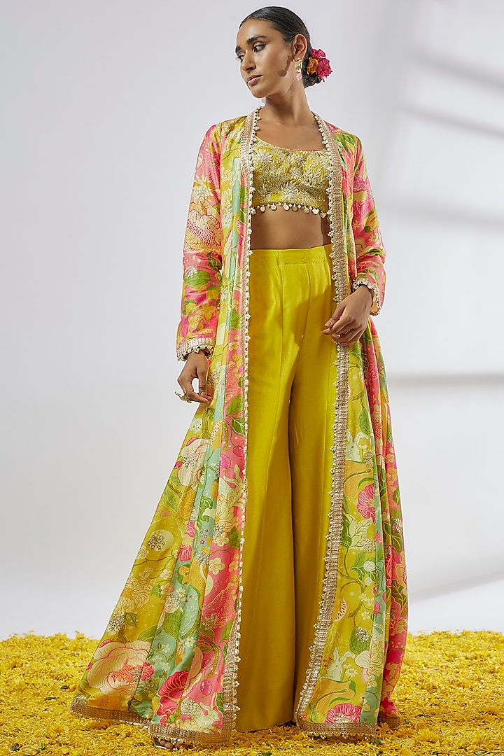 Yellow Tussar Floral Printed Cape Set by GOPI VAID at Pernia's Pop Up Shop