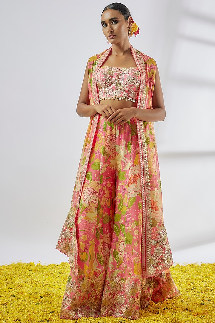 Pink Chiffon Floral Printed Pant Set by GOPI VAID at Pernia's Pop Up Shop