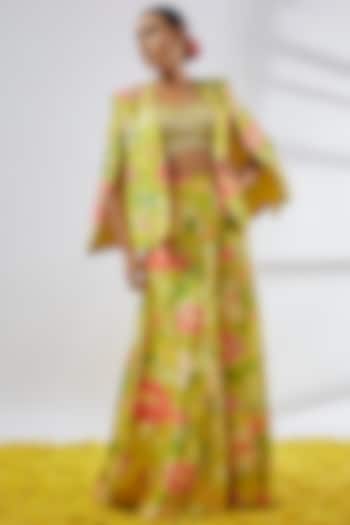 Yellow Tussar Floral Printed Blazer Set by GOPI VAID at Pernia's Pop Up Shop