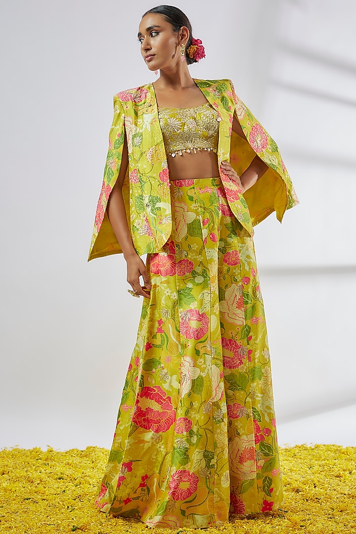 Yellow Tussar Floral Printed Blazer Set by GOPI VAID at Pernia's Pop Up Shop