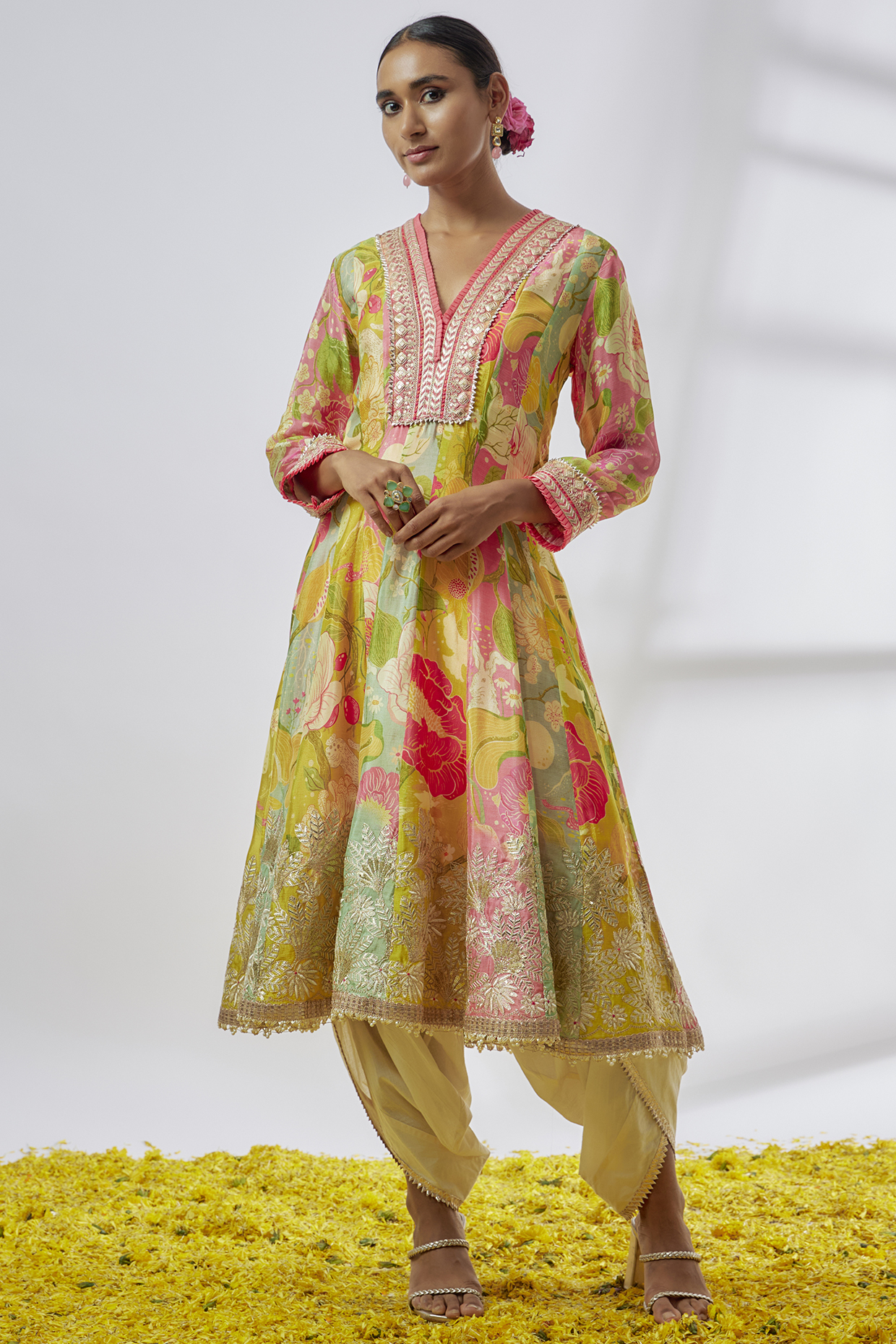 Multi-Colored Chiffon Floral Printed & Embroidered Wedding Anarkali Set by GOPI VAID at Pernia's Pop Up Shop