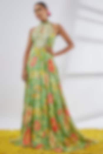Green Satin Engagement Gown by GOPI VAID at Pernia's Pop Up Shop