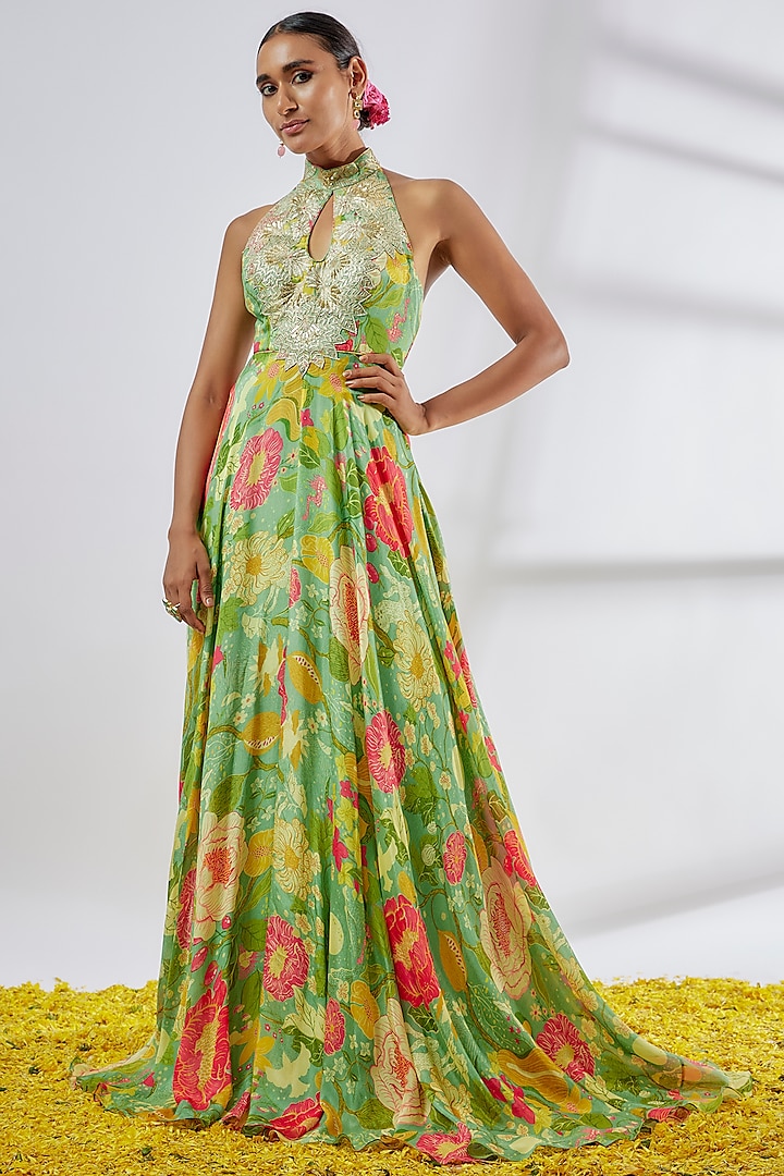 Green Satin Engagement Gown by GOPI VAID at Pernia's Pop Up Shop