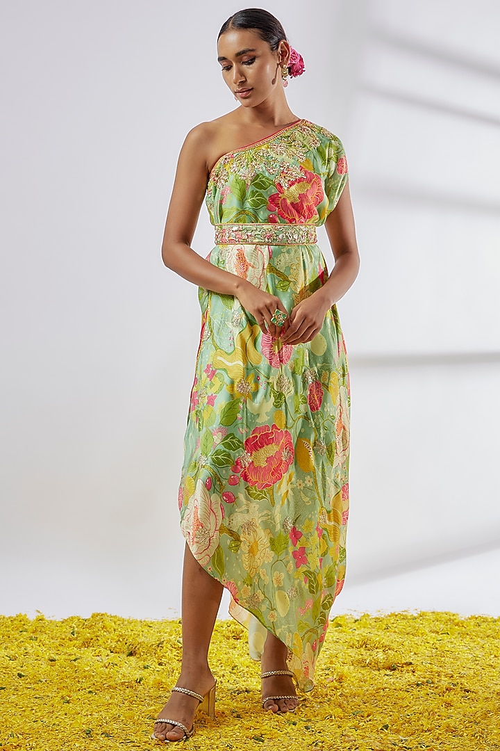 Mint Green Satin Floral Printed Vacation Dress With Belt by GOPI VAID at Pernia's Pop Up Shop