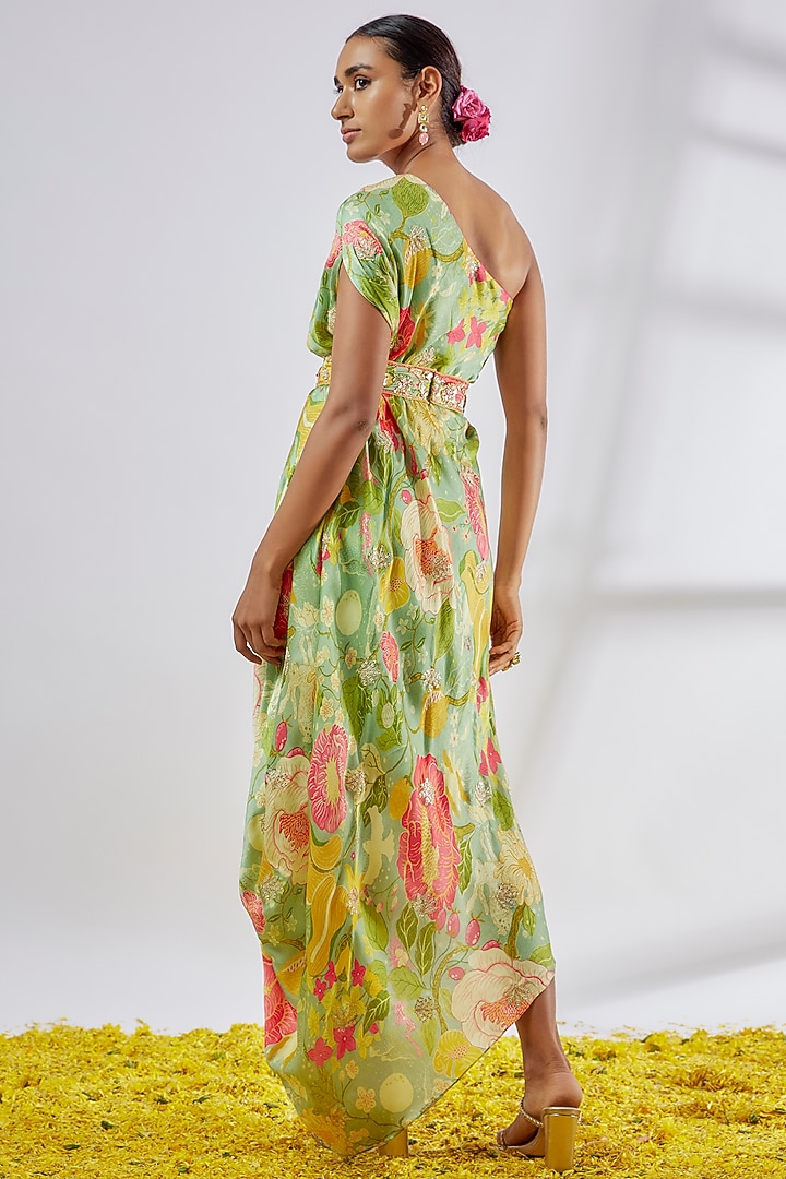 Mint Green Satin Floral Printed Vacation Dress With Belt by GOPI VAID at Pernia's Pop Up Shop