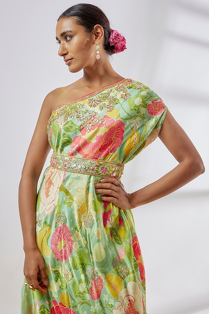 Mint Green Satin Floral Printed Vacation Dress With Belt by GOPI VAID at Pernia's Pop Up Shop