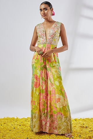 Multi-Colored Chiffon Floral Printed Jumpsuit by GOPI VAID