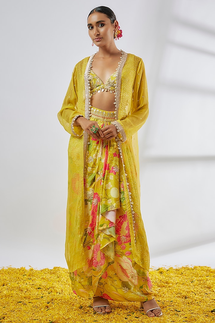 Yellow Chiffon Bead Embellished Jacket Set by Gopi Vaid at Pernia's Pop Up Shop