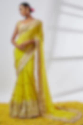 Yellow Chiffon Gathered Tiered Wedding Saree Set by Gopi Vaid at Pernia's Pop Up Shop