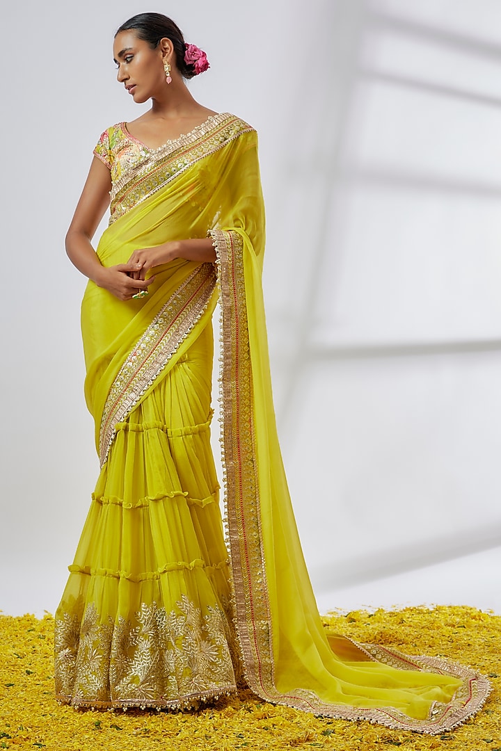 Yellow Chiffon Gathered Tiered Wedding Saree Set by Gopi Vaid at Pernia's Pop Up Shop