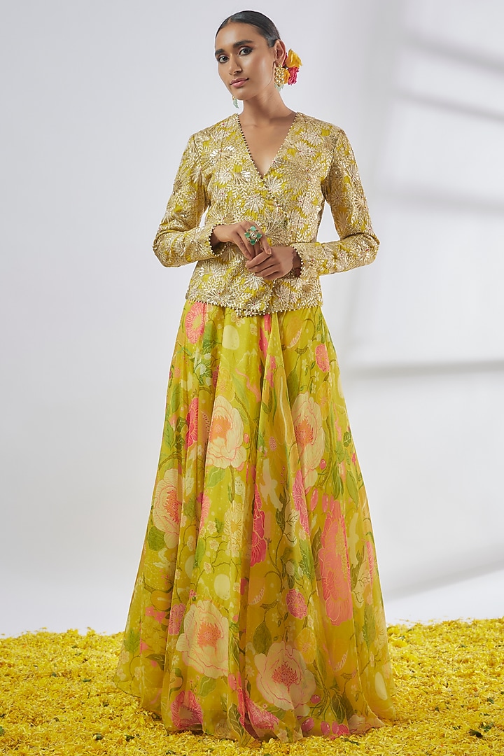 Yellow Organza Printed Wedding Lehenga Set by Gopi Vaid at Pernia's Pop Up Shop