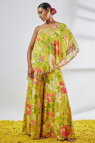 Yellow Tussar Embroidered Flared Pant Set by Gopi Vaid